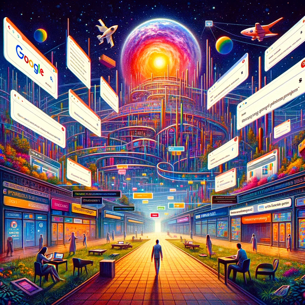 the novelistic-style illustration that depicts the innovative changes Google is implementing to prioritize user-generated content in search results. The image vividly showcases a vibrant digital landscape, capturing the essence of the technological evolution in a creative, story-like manner