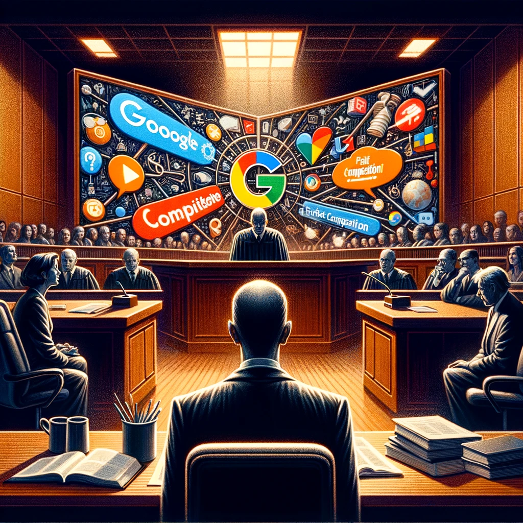 he novelistic-style image depicting a courtroom scene of an antitrust trial against a major tech company. The scene captures the complexity and significance of the case, with a judge contemplating the evidence, and representations of the company's market dominance and the potential harm to competitors. The setting is a modern courtroom, reflecting the high stakes and tension between technological advancement and fair market competition