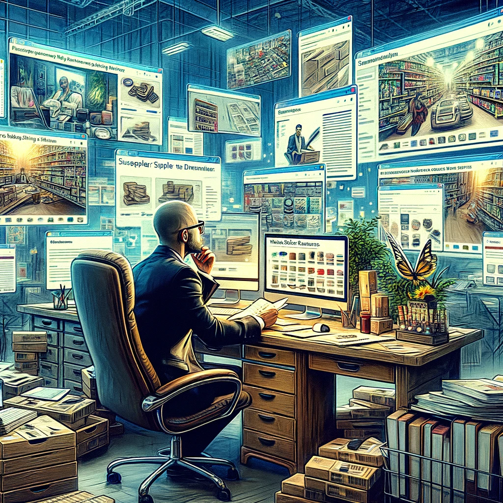 the novelistic-style image depicting an entrepreneur researching and interacting with wholesale suppliers. The scene captures the entrepreneur at a desk, surrounded by screens showing various supplier websites and products, with notes on supplier evaluations, set against the backdrop of a trade show. This image conveys the strategic and detailed process of selecting the right suppliers for a successful business